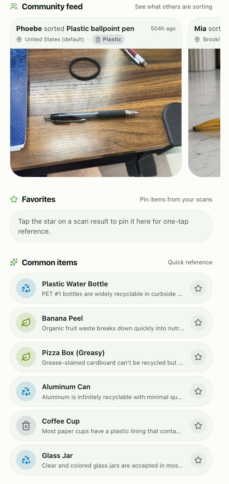 Bin It community feed and common items
