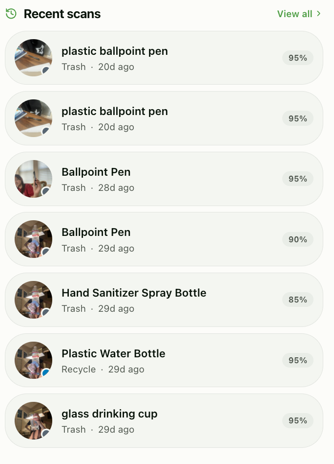 Bin It recent scans list